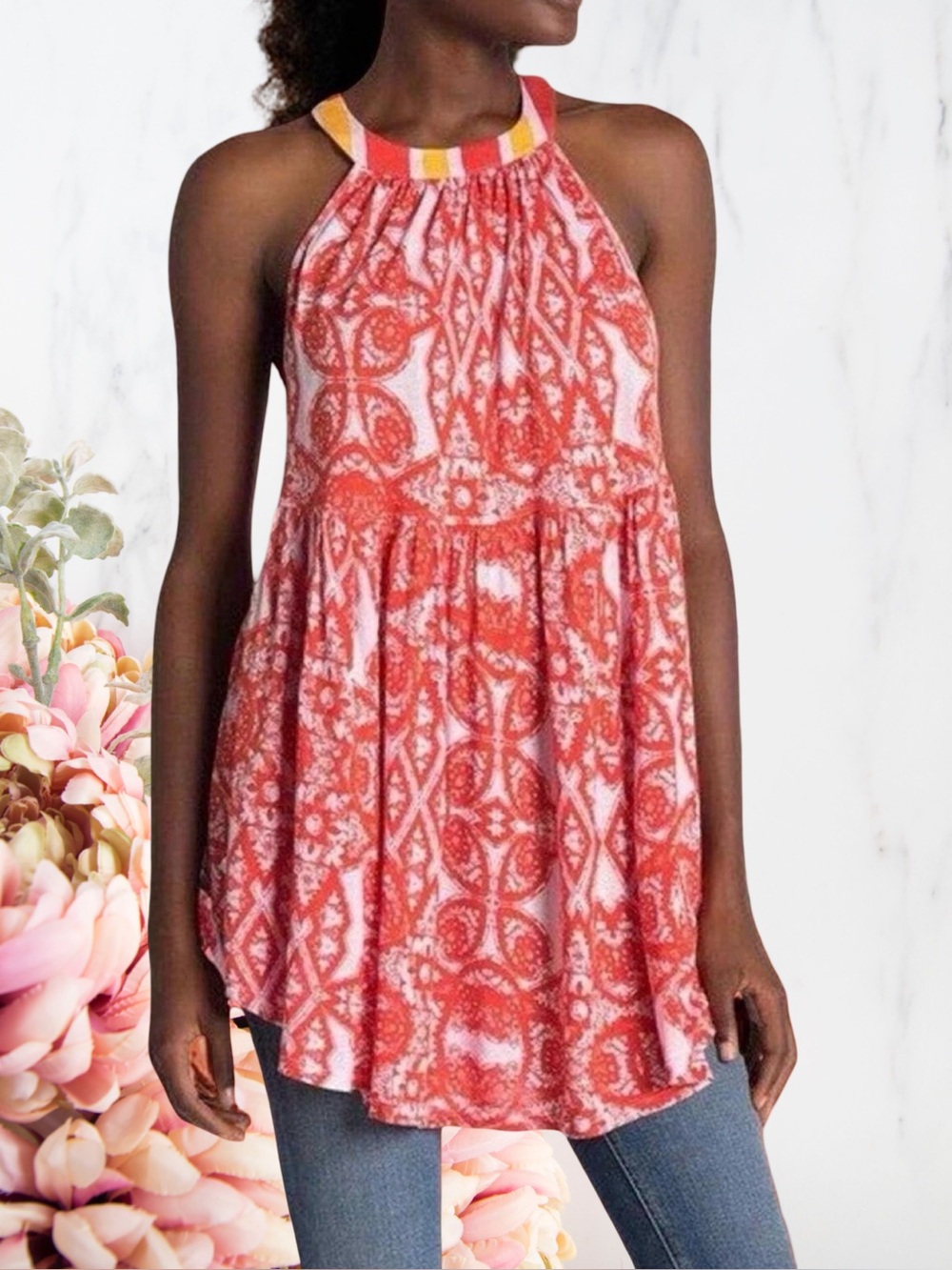 Free People Mimi Sleeveless Halter Tunic Back Cutout Orange Boho Sz XS